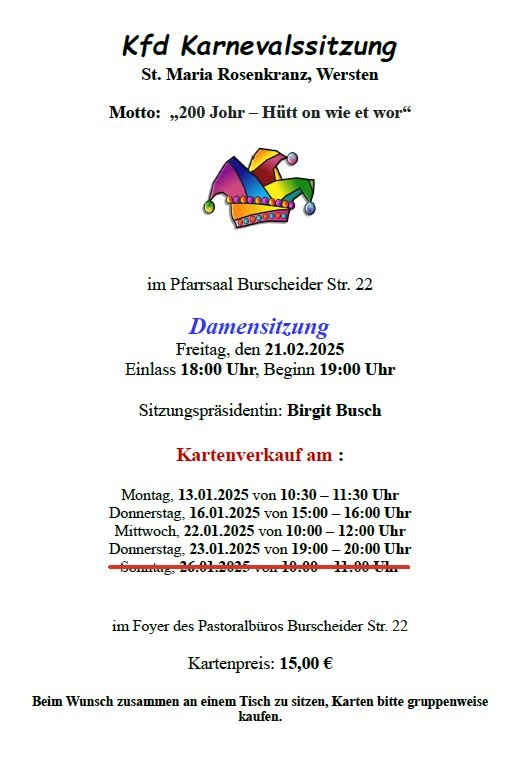 Plakat kfd Karneval letzter Termin gestrichen